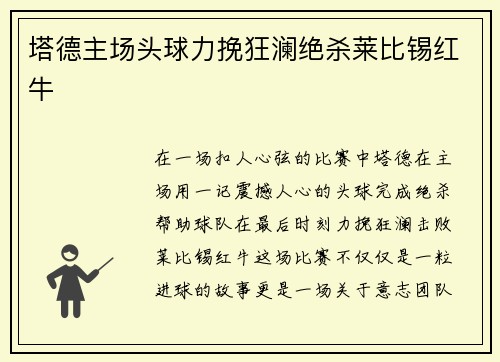 塔德主场头球力挽狂澜绝杀莱比锡红牛